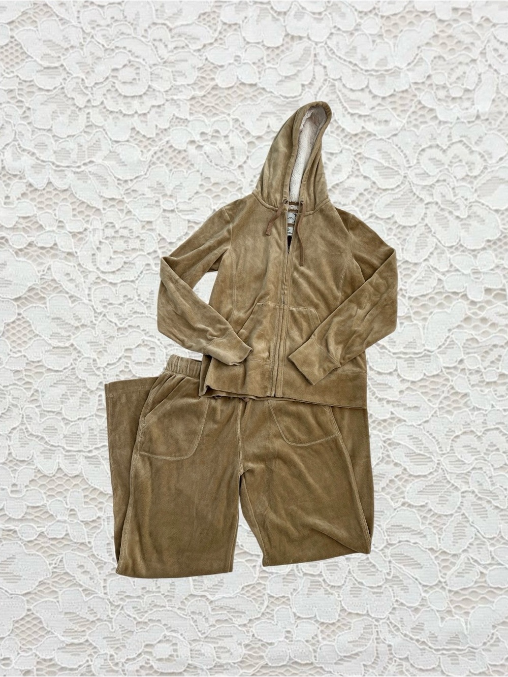vintage khaki/tan velour tracksuit with fur lining on the jacket